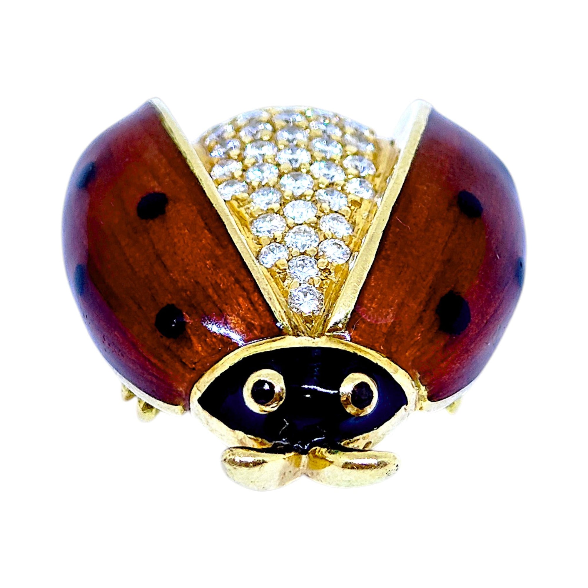 Vintage 18K Gold Enamel And Diamond Ladybug Brooch