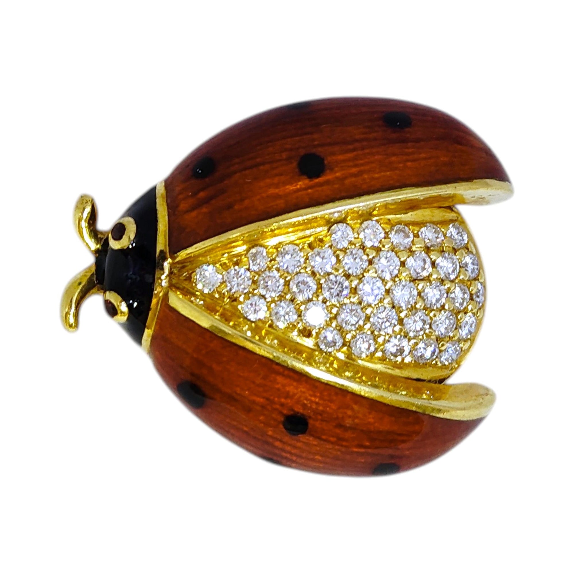 Vintage 18K Gold Enamel And Diamond Ladybug Brooch