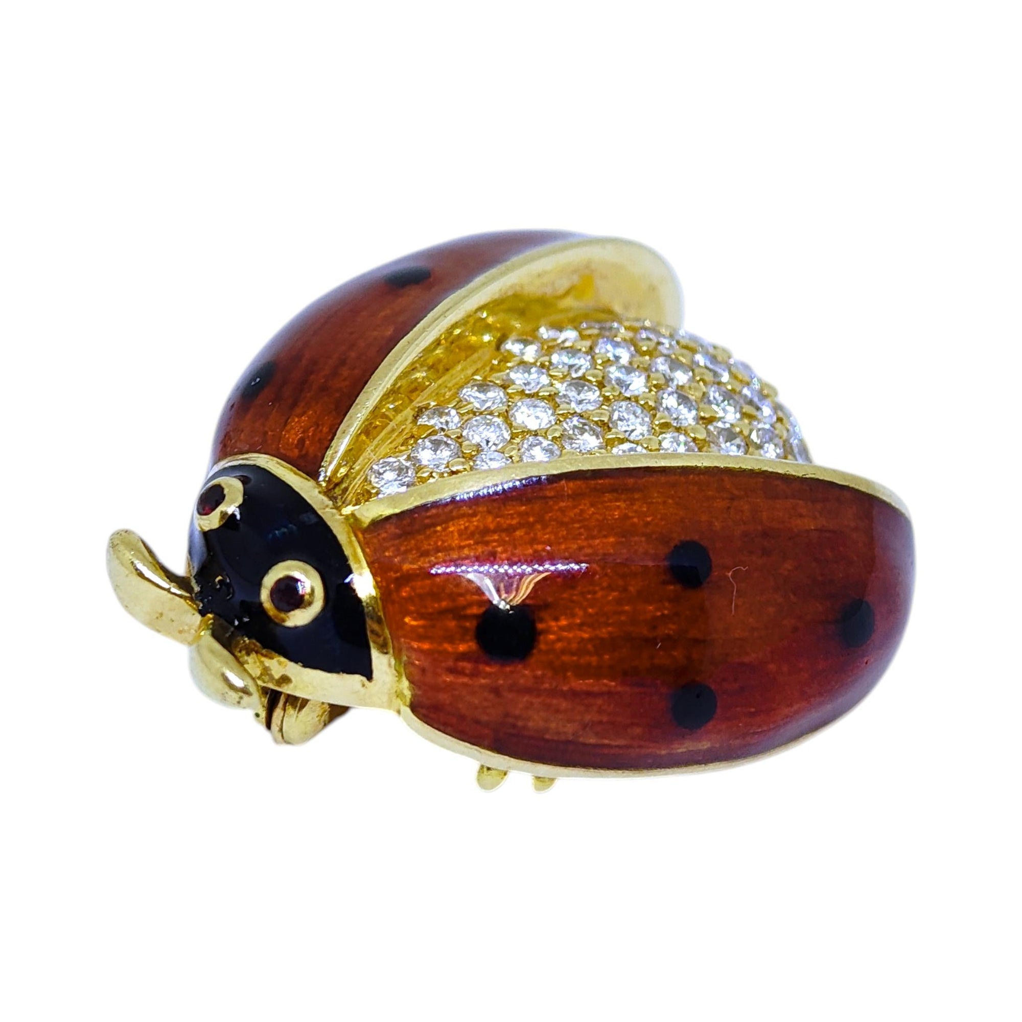 Vintage 18K Gold Enamel And Diamond Ladybug Brooch