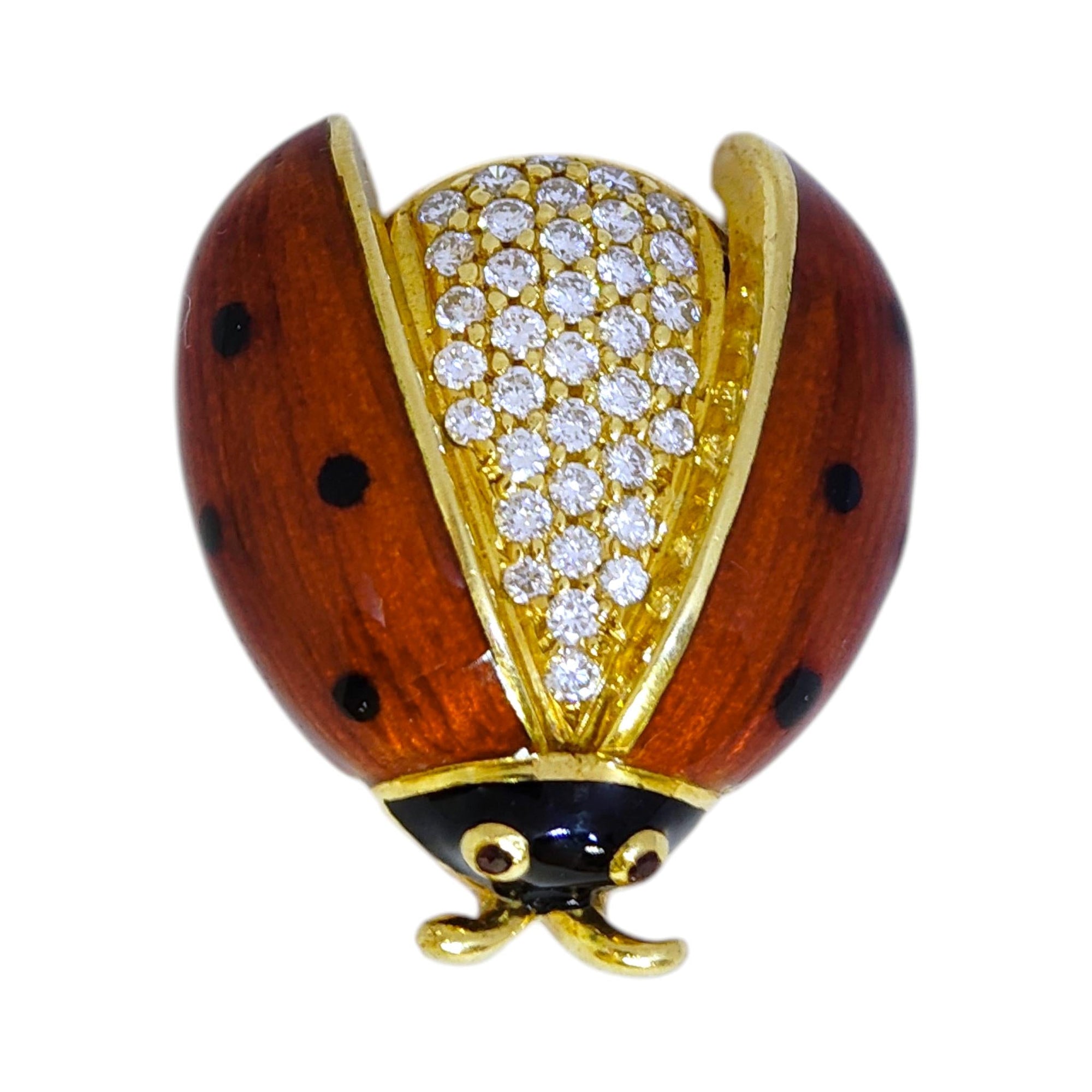 Vintage 18K Gold Enamel And Diamond Ladybug Brooch