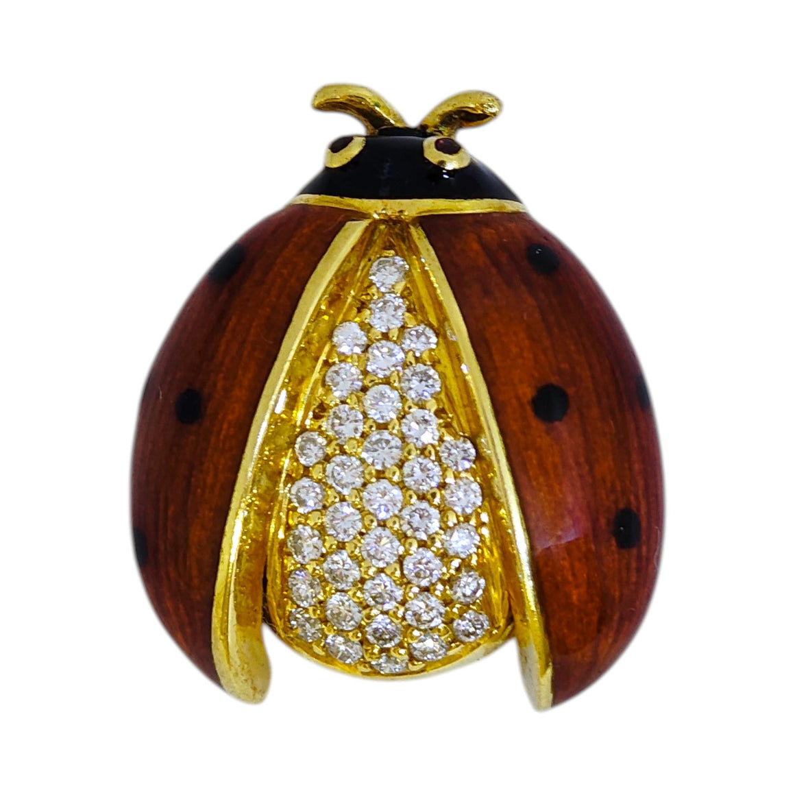 Vintage 18K Gold Enamel And Diamond Ladybug Brooch