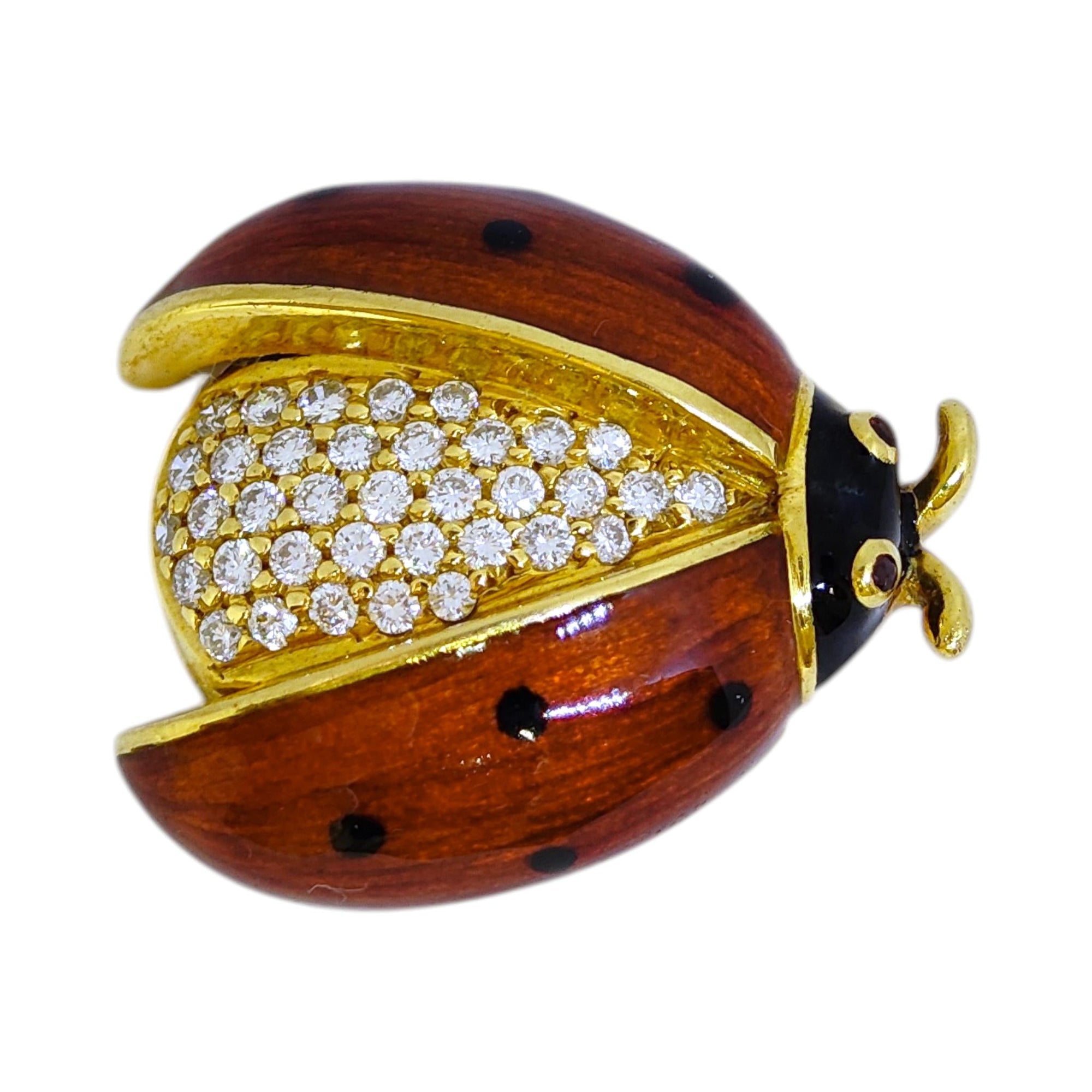 Vintage 18K Gold Enamel And Diamond Ladybug Brooch