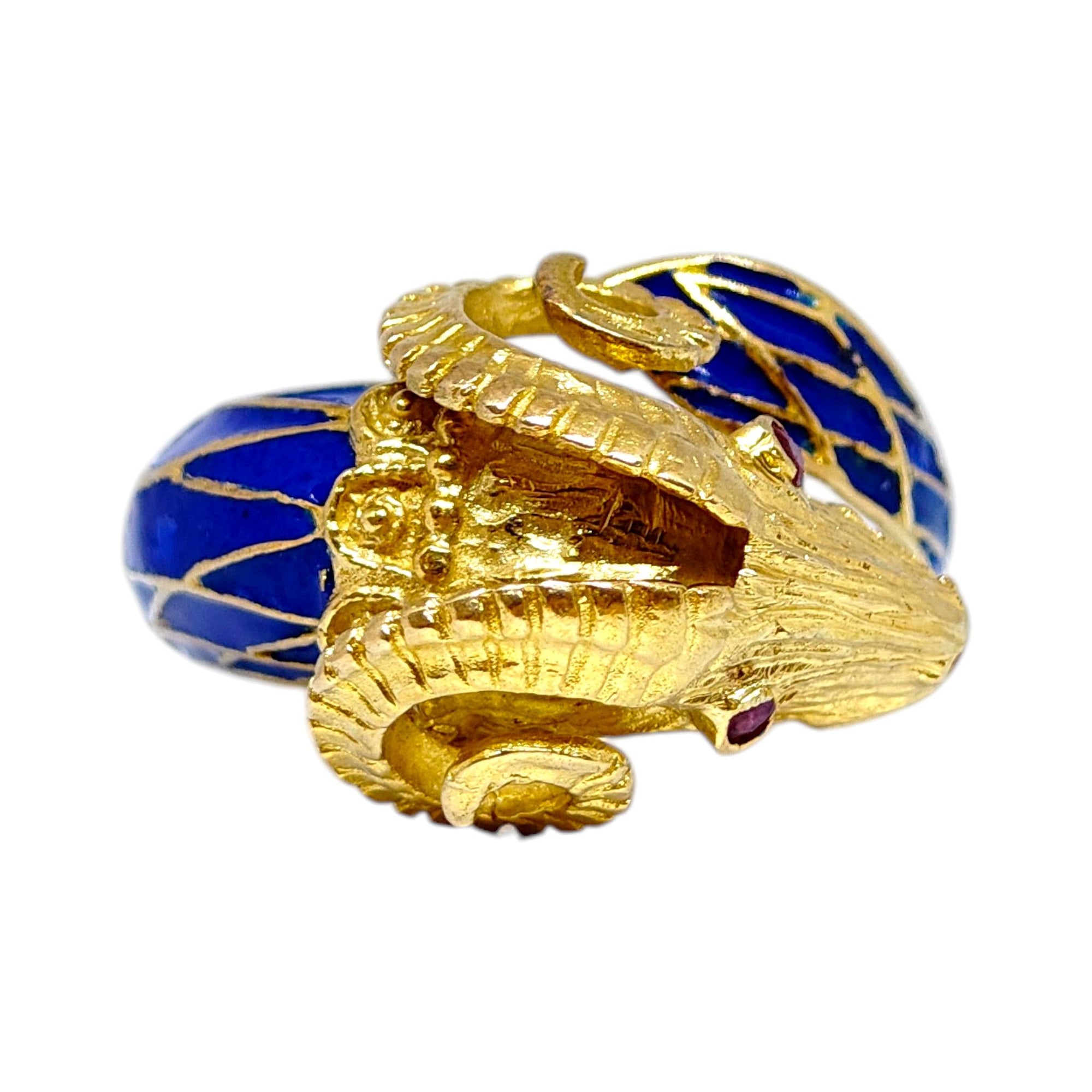 Vintage 18K Enamel and Ruby Ram Ring