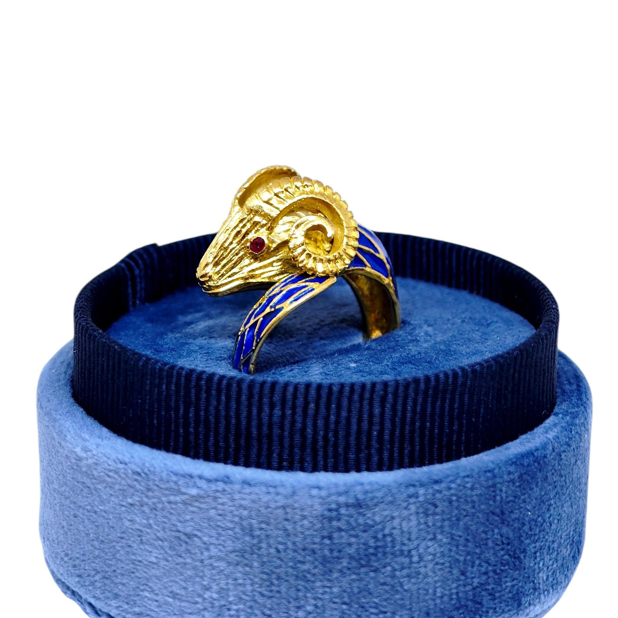 Vintage 18K Enamel and Ruby Ram Ring