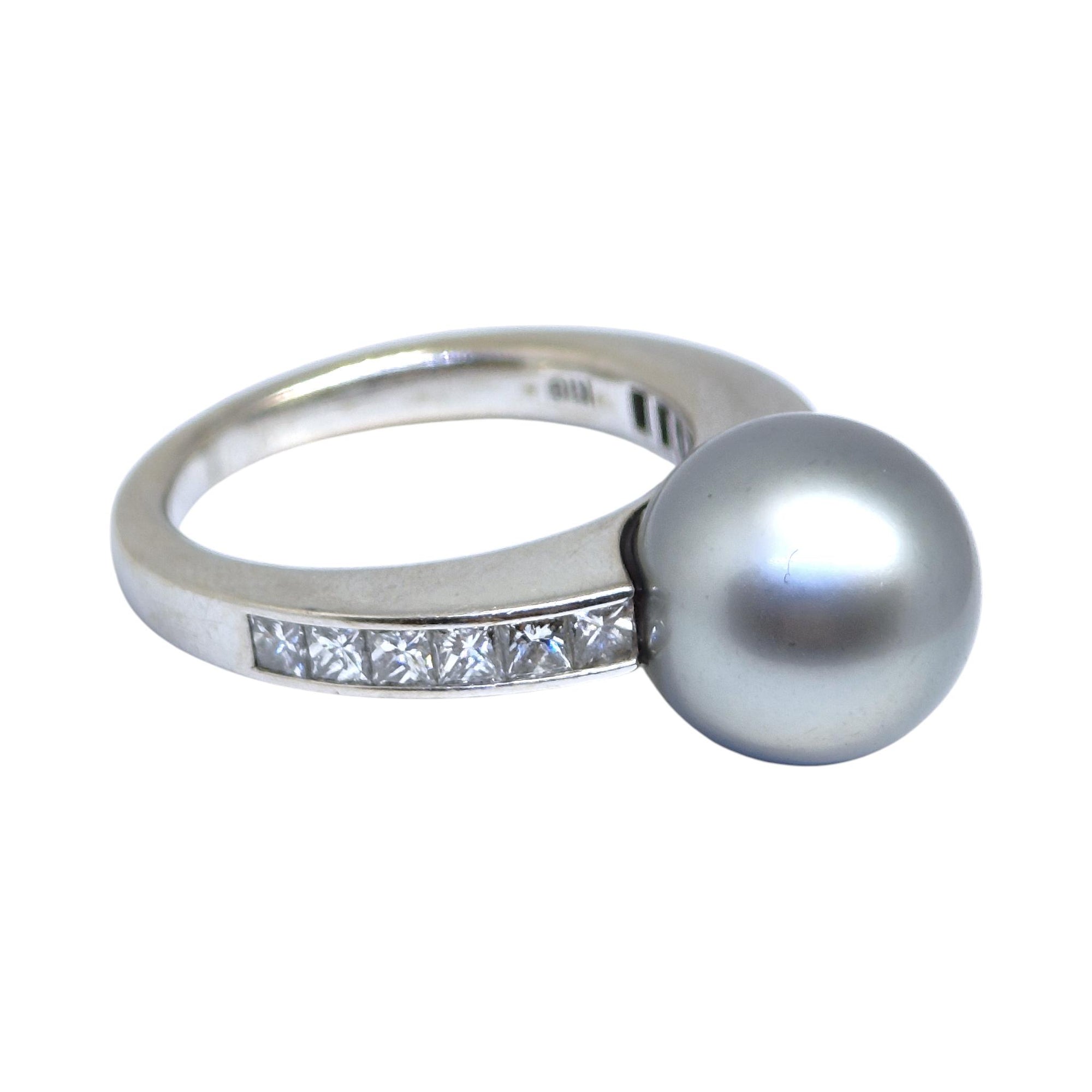 Mikimoto 18K White Gold Silver Akoya Pearl And Diamond Ring