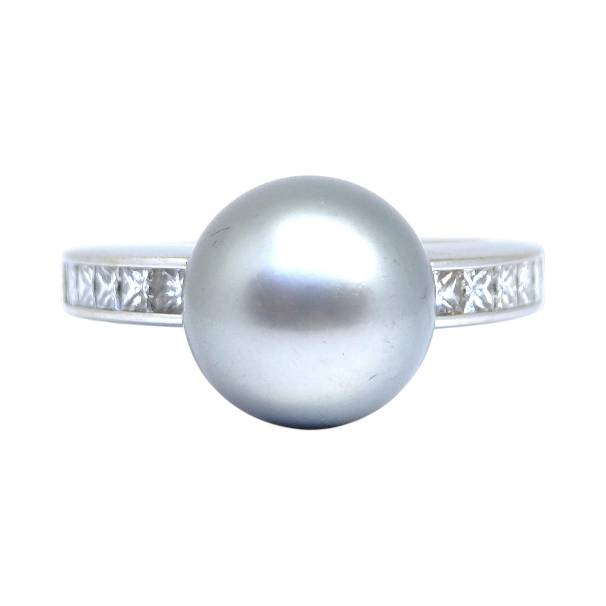 Mikimoto 18K White Gold Silver Akoya Pearl And Diamond Ring