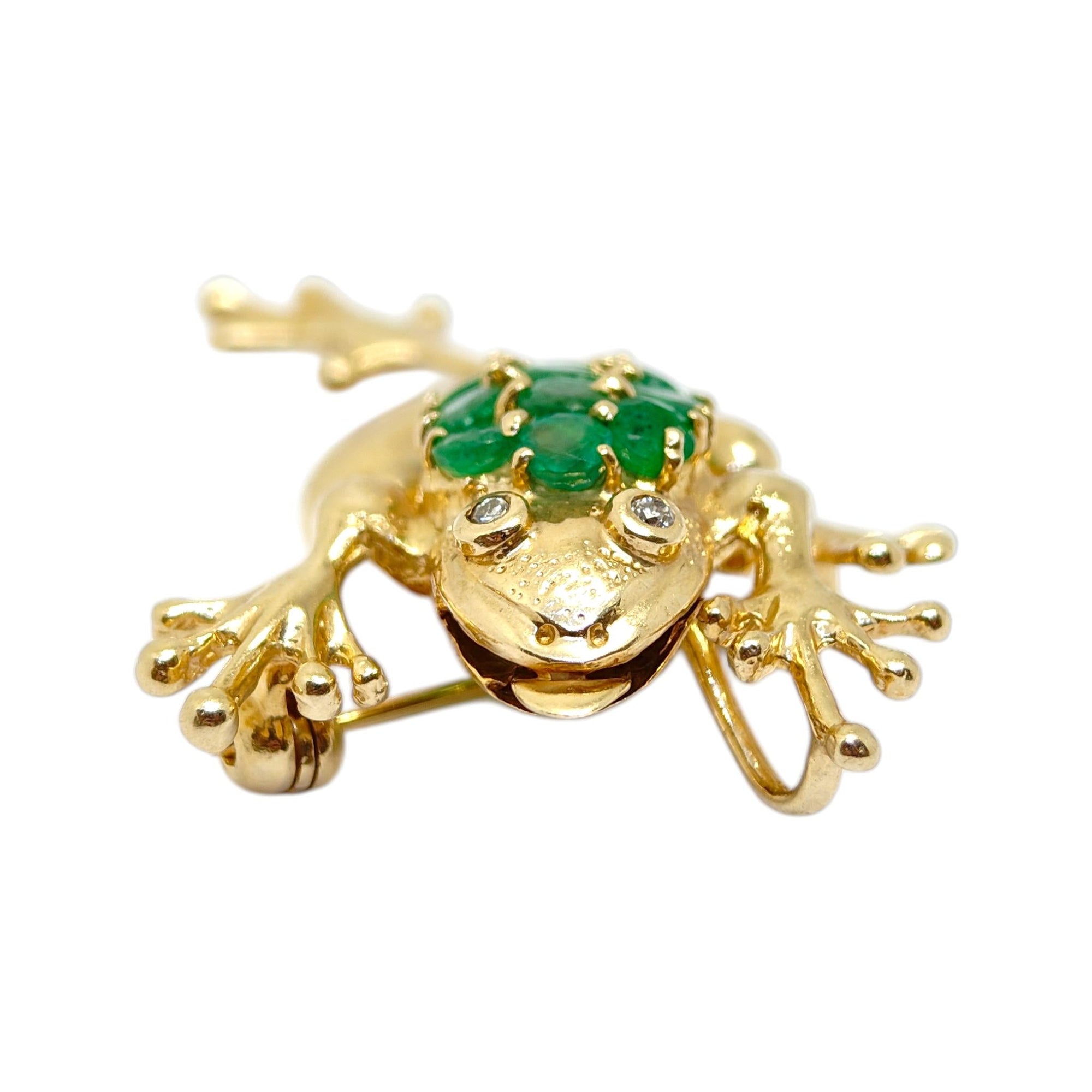 Vintage 14K Yellow Gold Emerald Frog Pendant Brooch