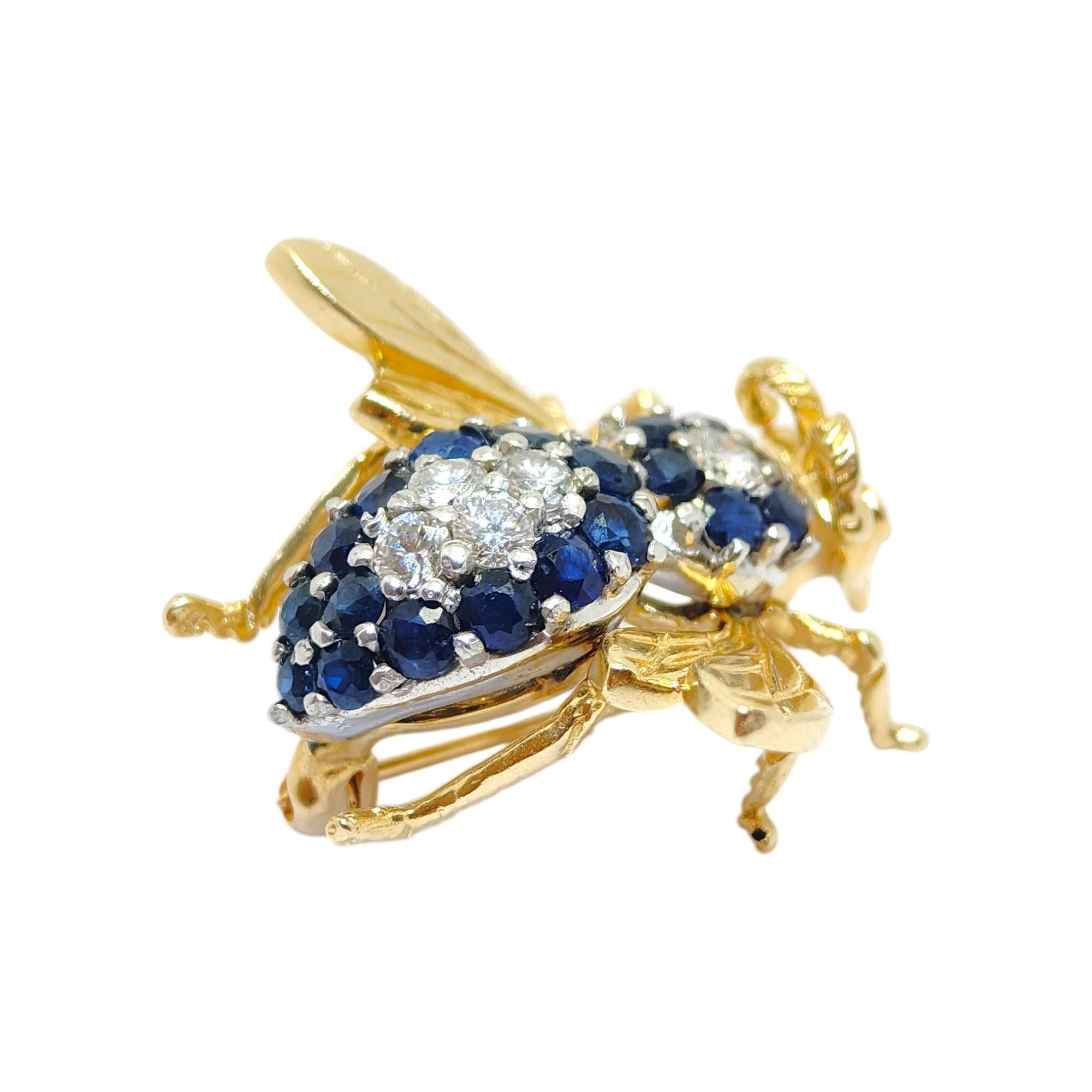Vintage 14K Yellow Gold Sapphire & Diamond Fly Brooch