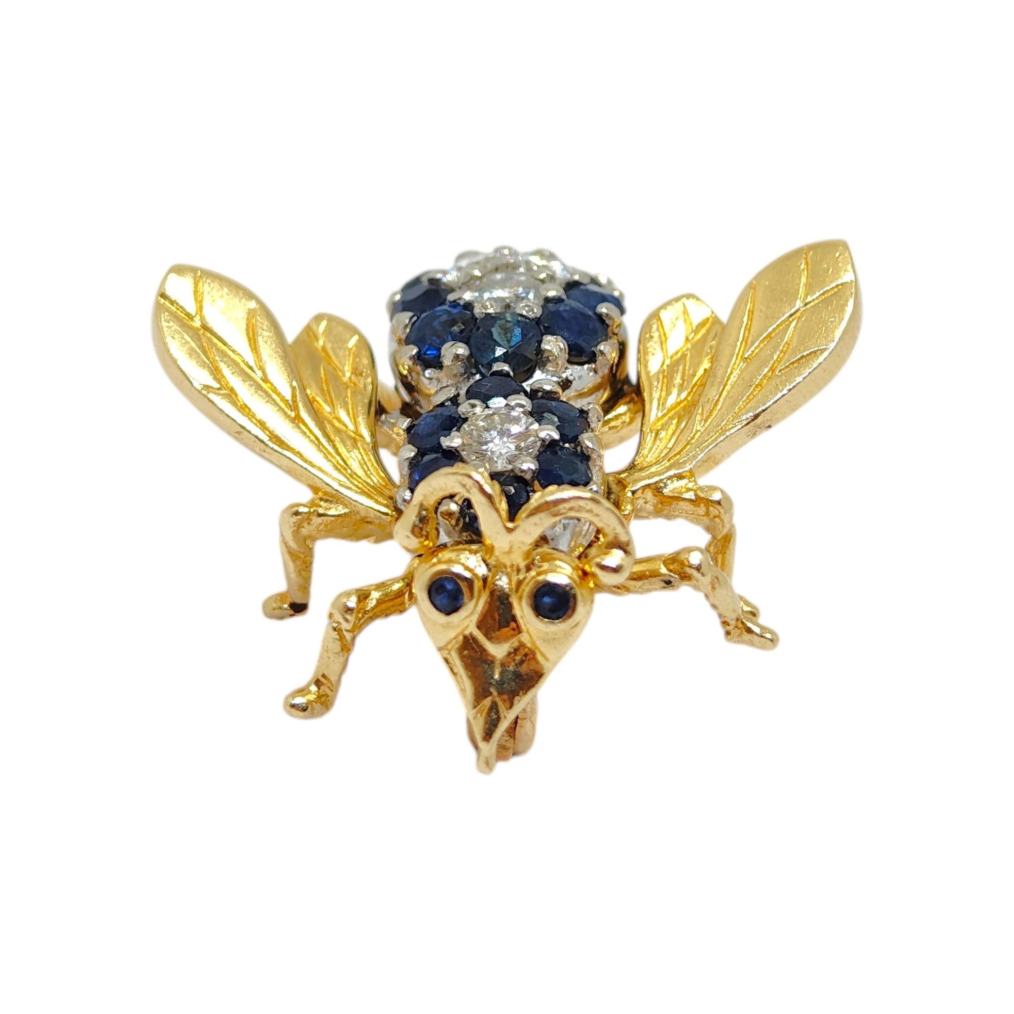 Vintage 14K Yellow Gold Sapphire & Diamond Fly Brooch