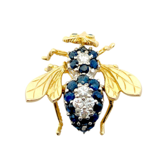 Vintage 14K Yellow Gold Sapphire & Diamond Fly Brooch