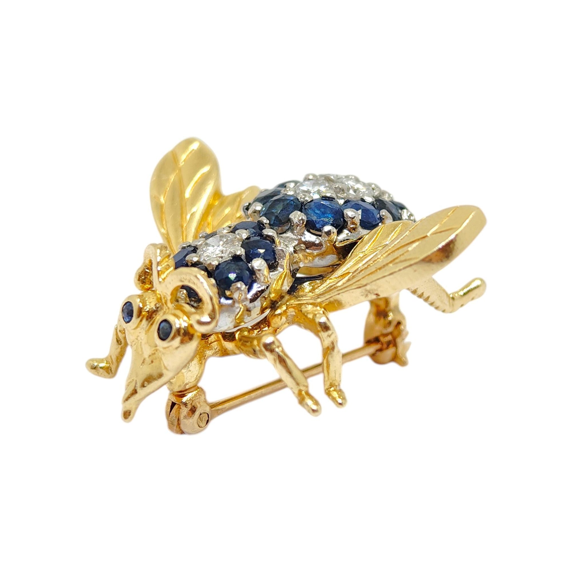 Vintage 14K Yellow Gold Sapphire & Diamond Fly Brooch