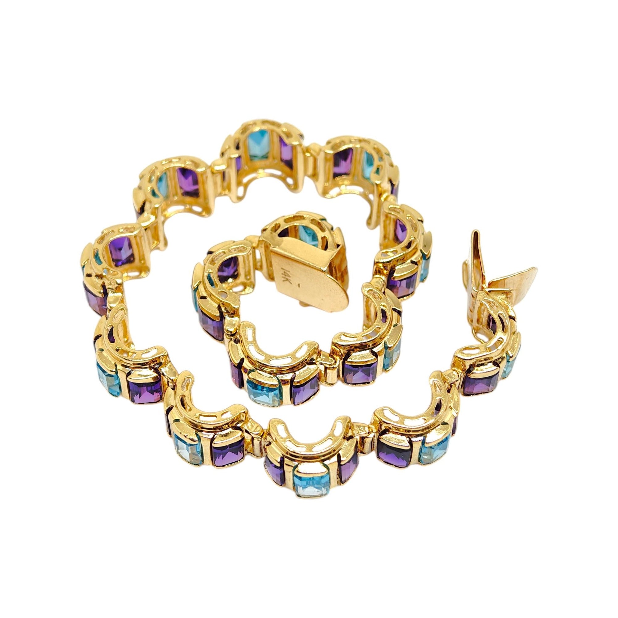 Vintage 14K Gold Scalloped Blue Topaz and Amethyst Bracelet