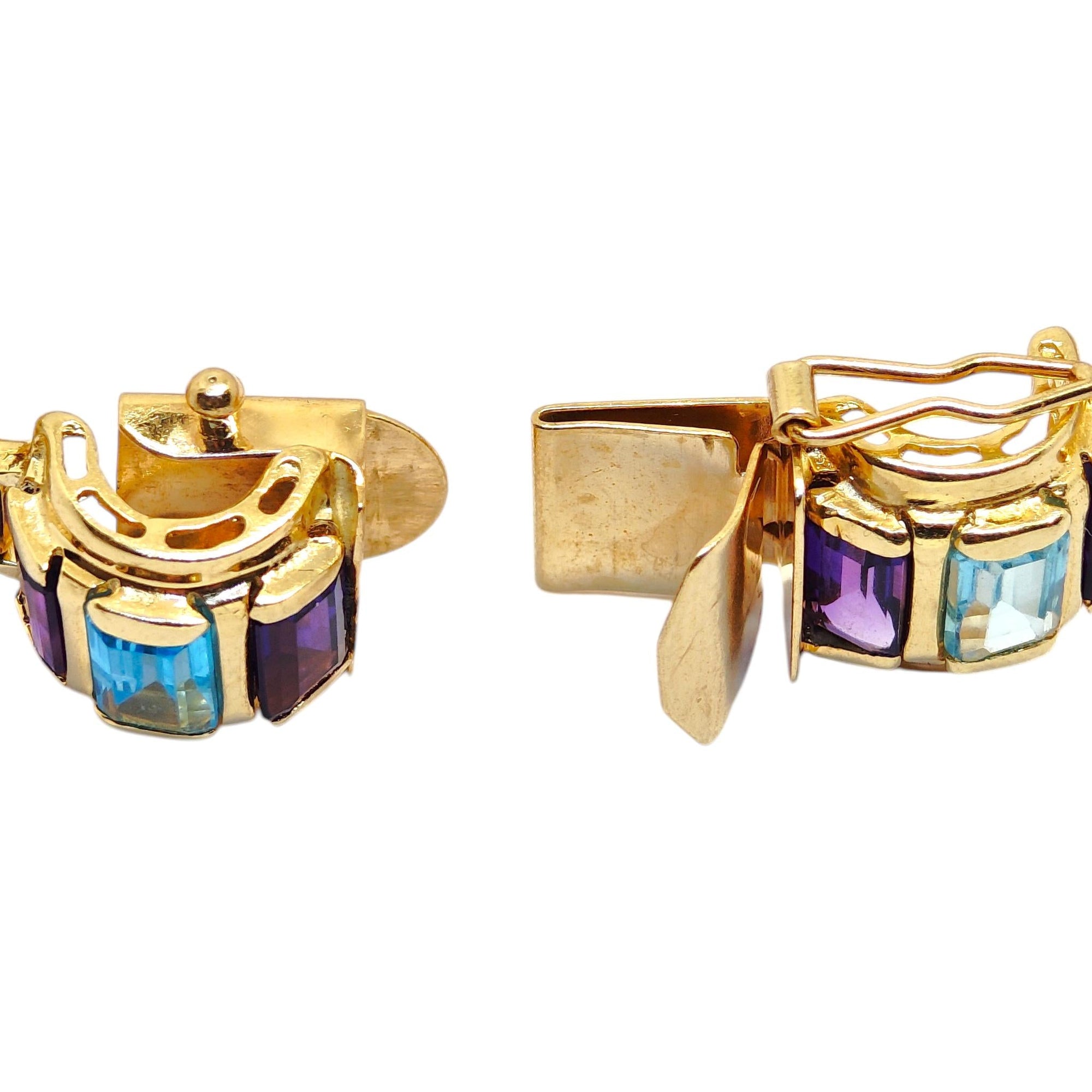 Vintage 14K Gold Scalloped Blue Topaz and Amethyst Bracelet