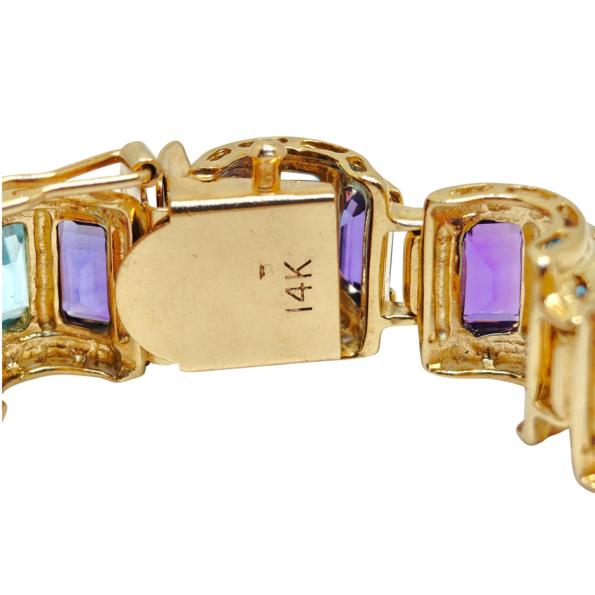 Vintage 14K Gold Scalloped Blue Topaz and Amethyst Bracelet