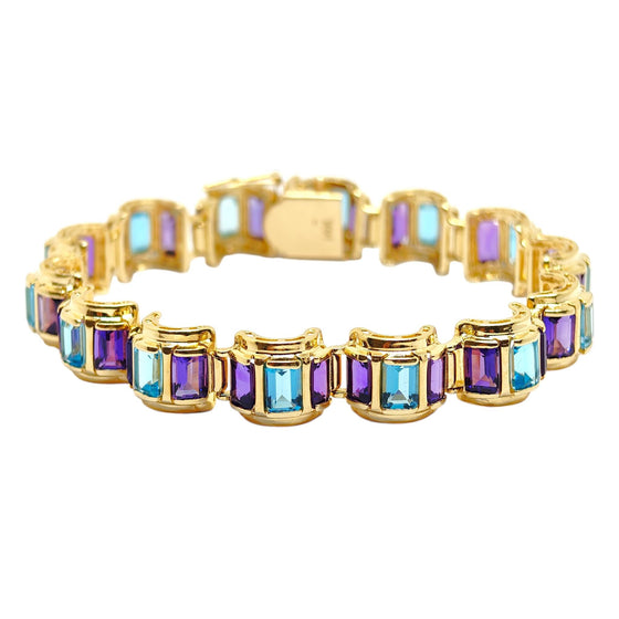 Vintage 14K Gold Scalloped Blue Topaz and Amethyst Bracelet