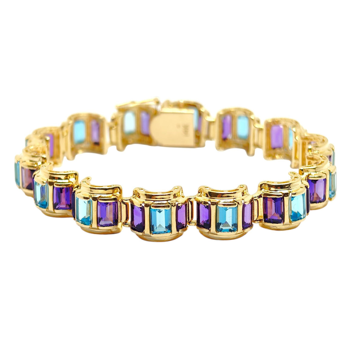 Vintage 14K Gold Scalloped Blue Topaz and Amethyst Bracelet