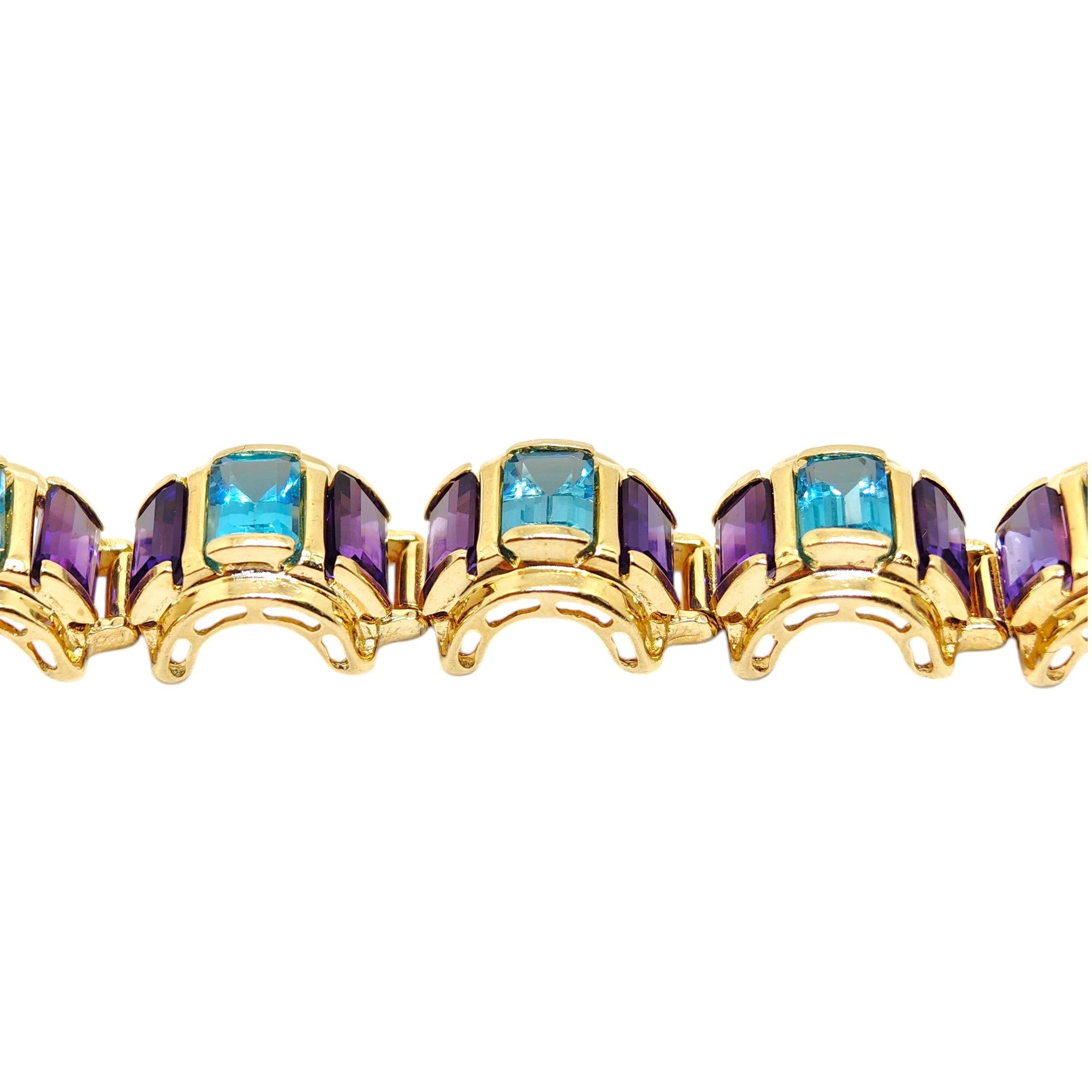 Vintage 14K Gold Scalloped Blue Topaz and Amethyst Bracelet