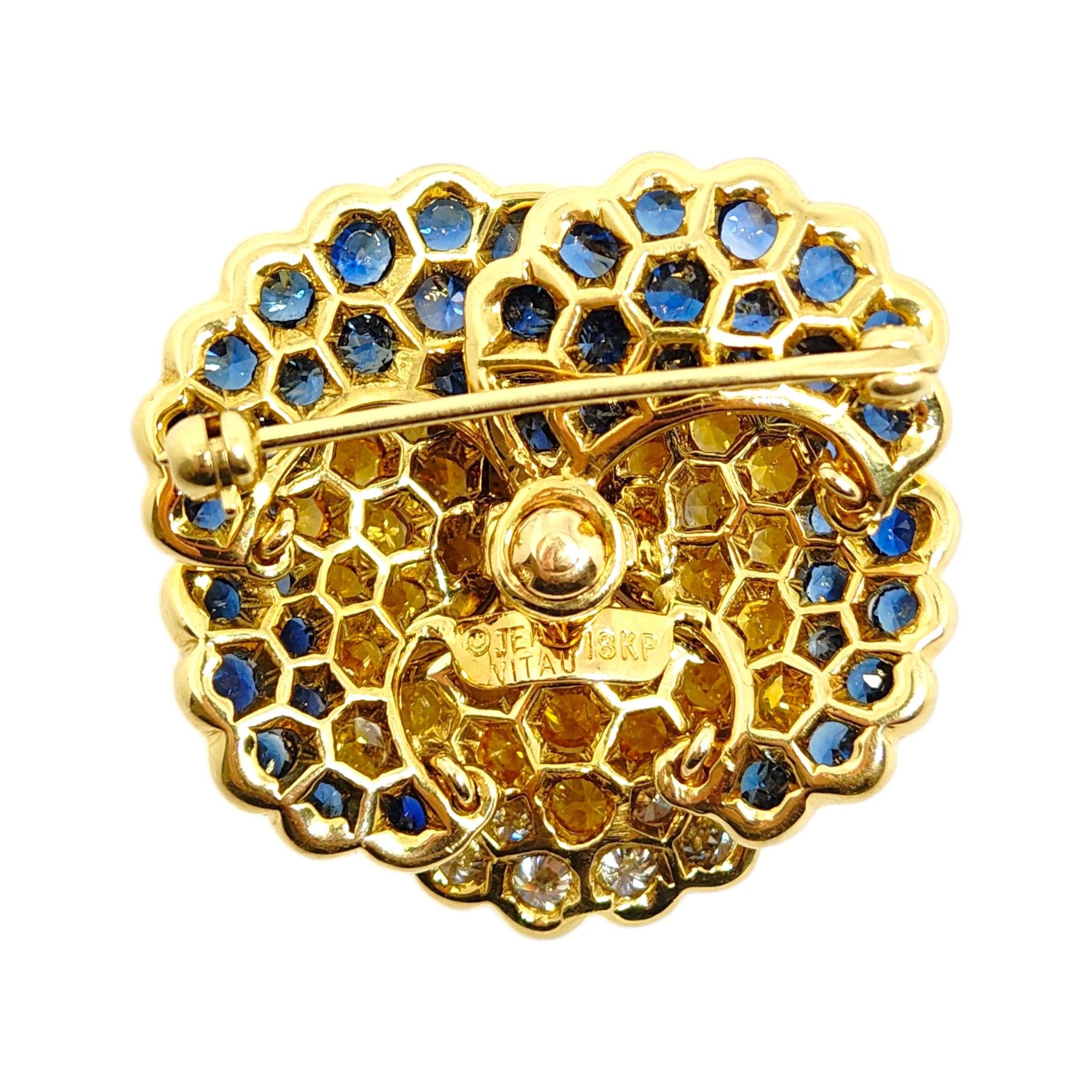 Jean Vitau 18K Yellow Gold Sapphire and Diamond Pansy Brooch