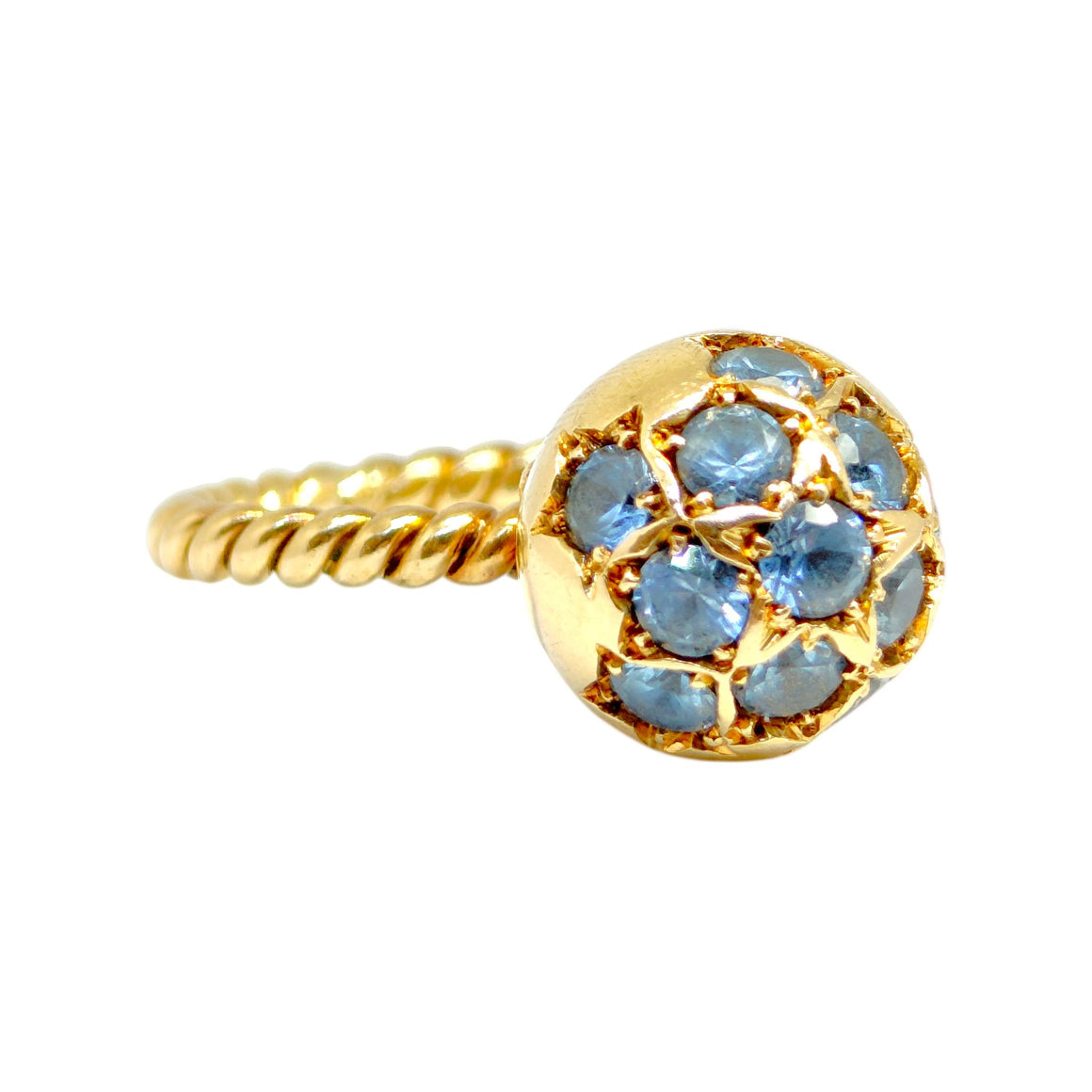 Vintage 18K Yellow Gold Blue Zircon Ball Ring