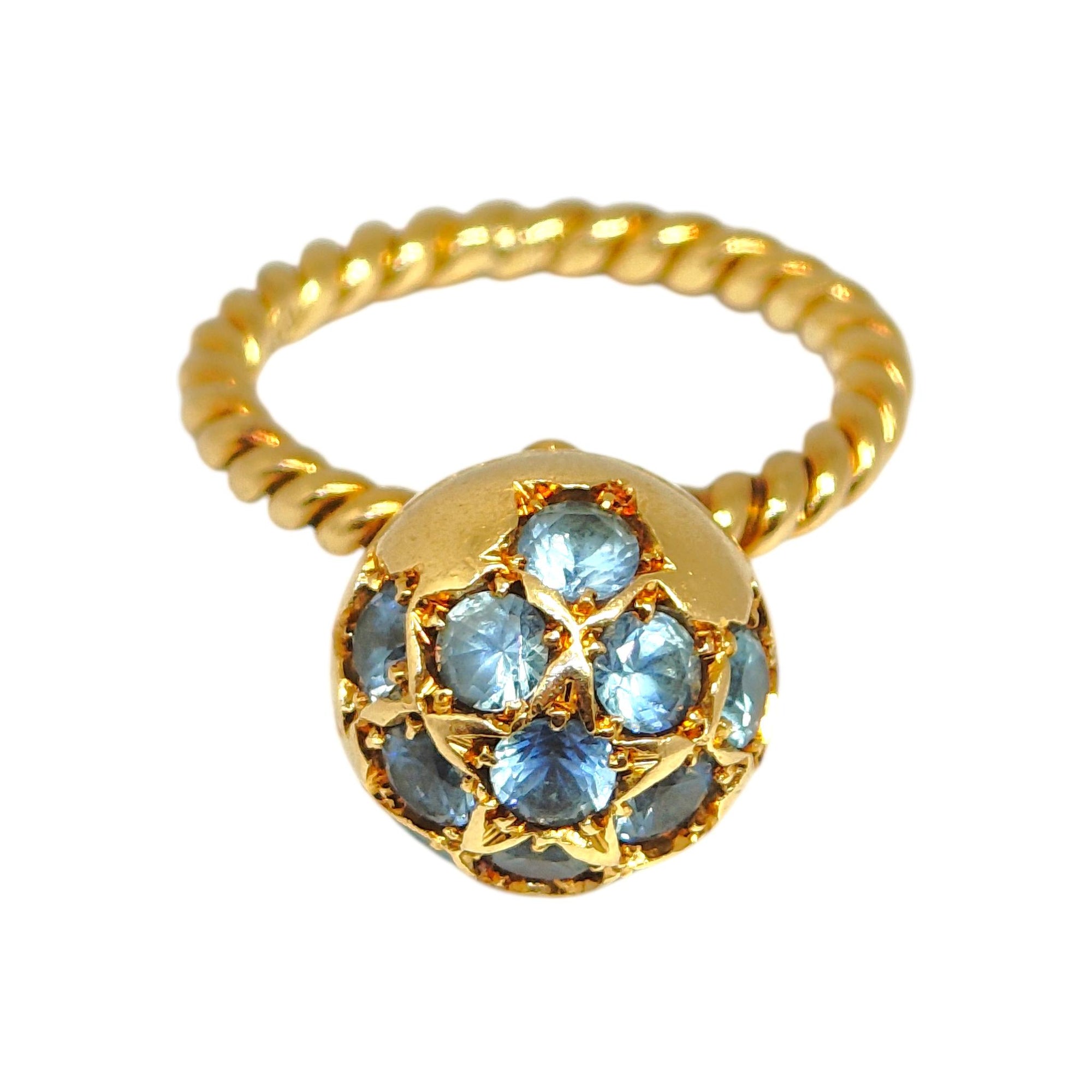Vintage 18K Yellow Gold Blue Zircon Ball Ring