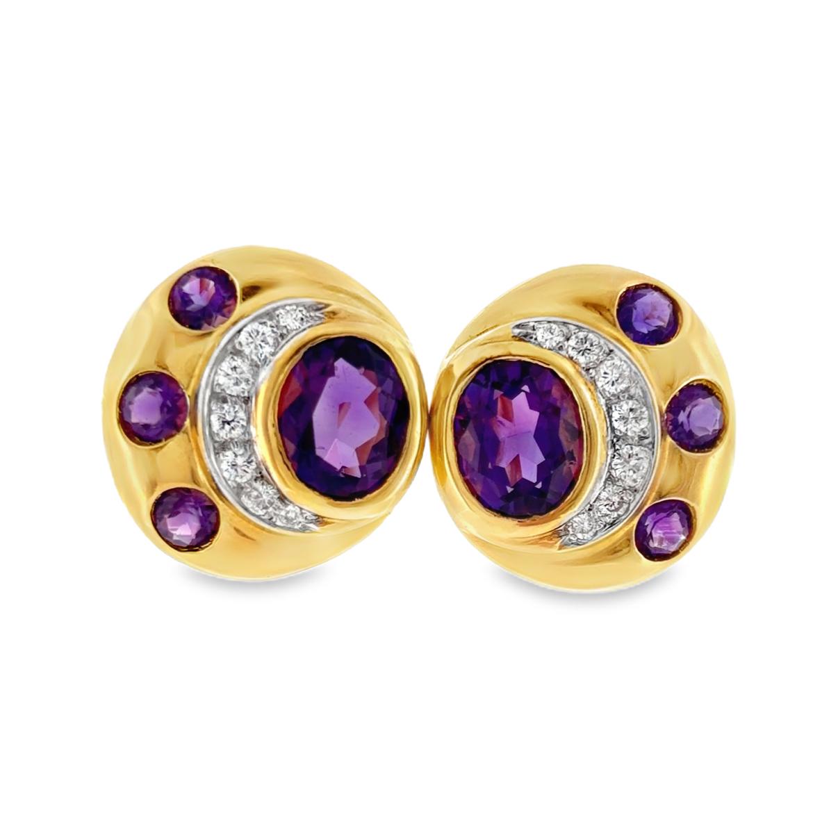 Vintage 18K Yellow Gold Amethyst & Diamond Earrings
