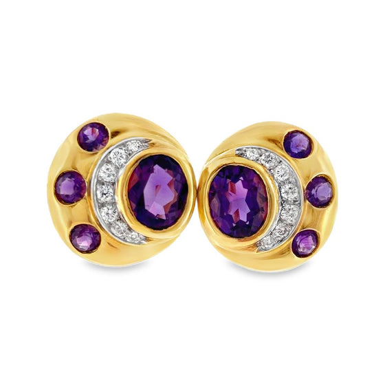 Vintage 18K Yellow Gold Amethyst & Diamond Earrings