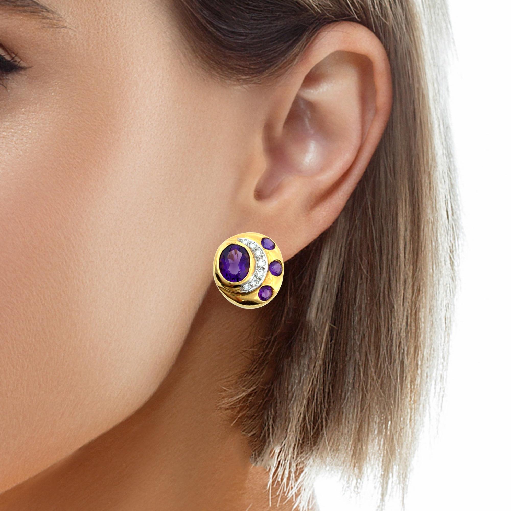 Vintage 18K Yellow Gold Amethyst & Diamond Earrings