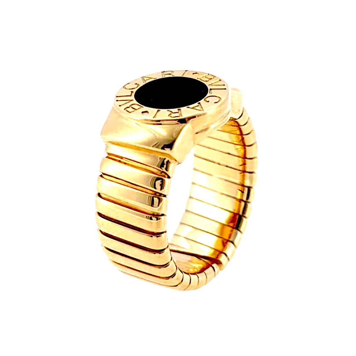 Bvlgari 18K Yellow Gold Black Onyx Tubogas Ring