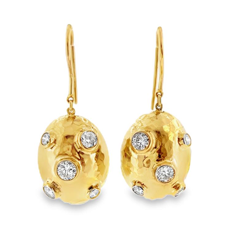 18K Hammered Finish Yellow Gold Diamond Dangle Earrings