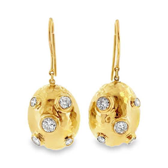 18K Hammered Finish Yellow Gold Diamond Dangle Earrings