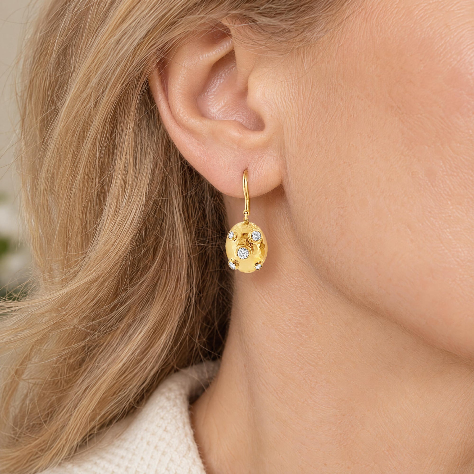 18K Hammered Finish Yellow Gold Diamond Dangle Earrings