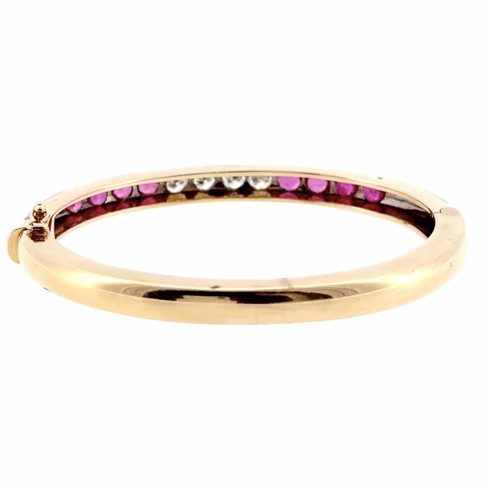 Vintage 14K Gold Ruby and Diamond Hinged Bangle Bracelet