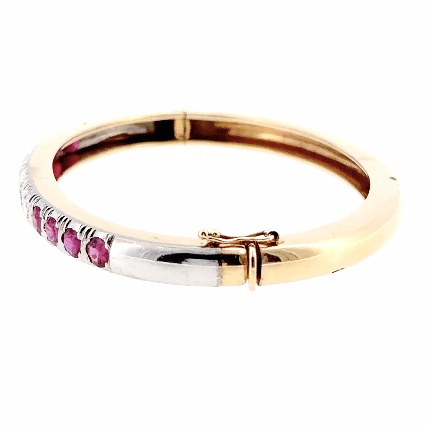 Vintage 14K Gold Ruby and Diamond Hinged Bangle Bracelet