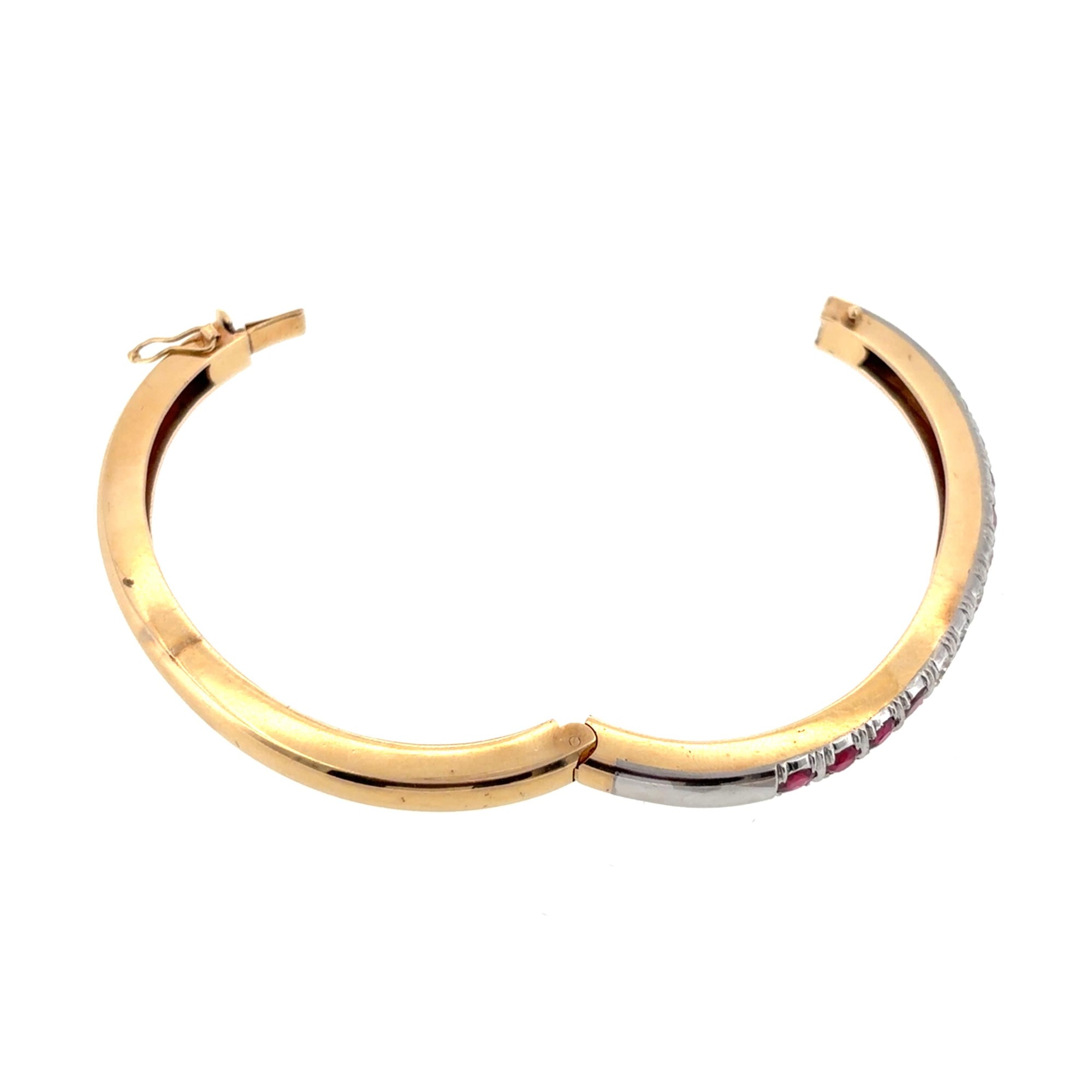 Vintage 14K Gold Ruby and Diamond Hinged Bangle Bracelet