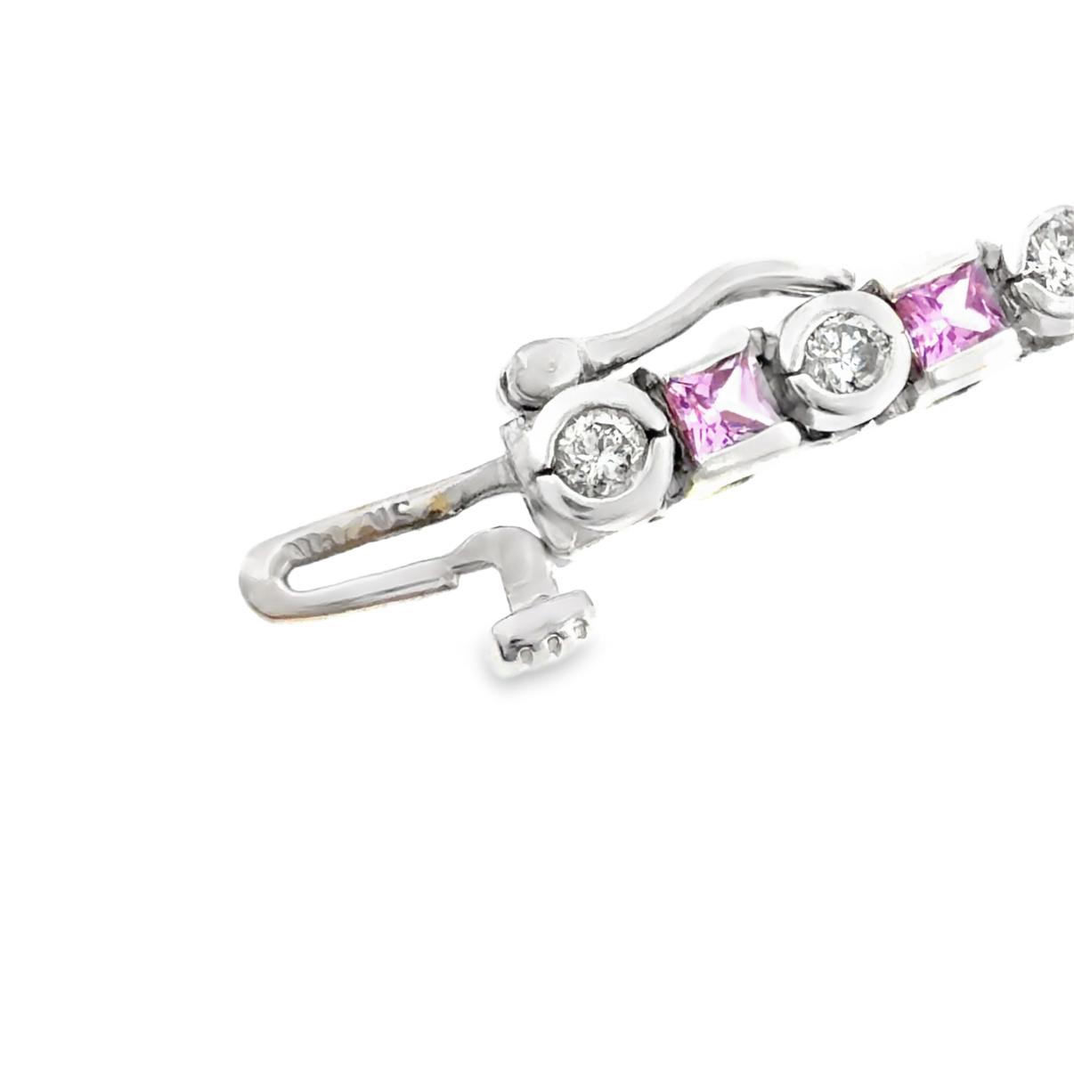 Vintage 14K White Gold Pink Sapphire and Diamond Tennis Bracelet