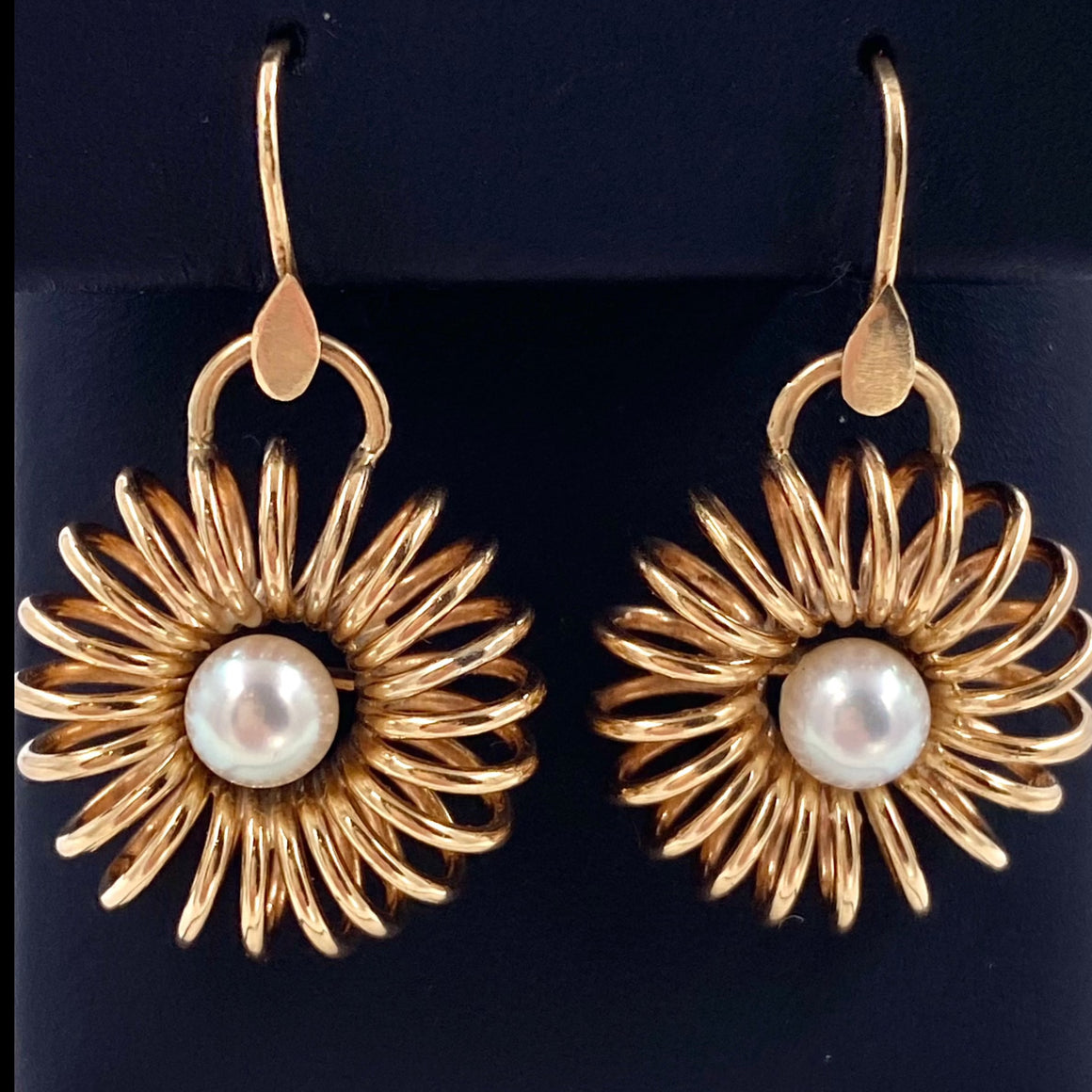 Vintage 14K Gold Wire Donut Style Pearl Dangle Earrings