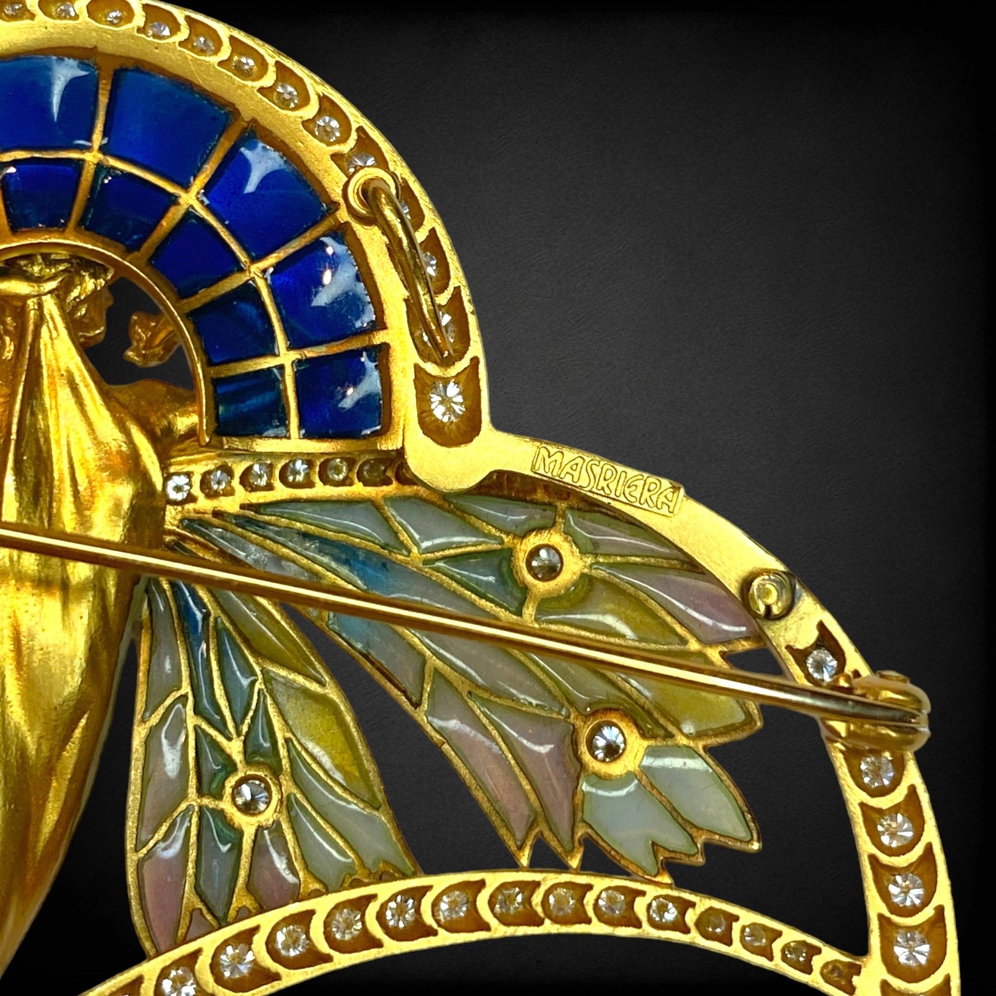 MASRIERA 18K Gold Nymph Plique-à-Jour Brooch Pendant with Diamonds