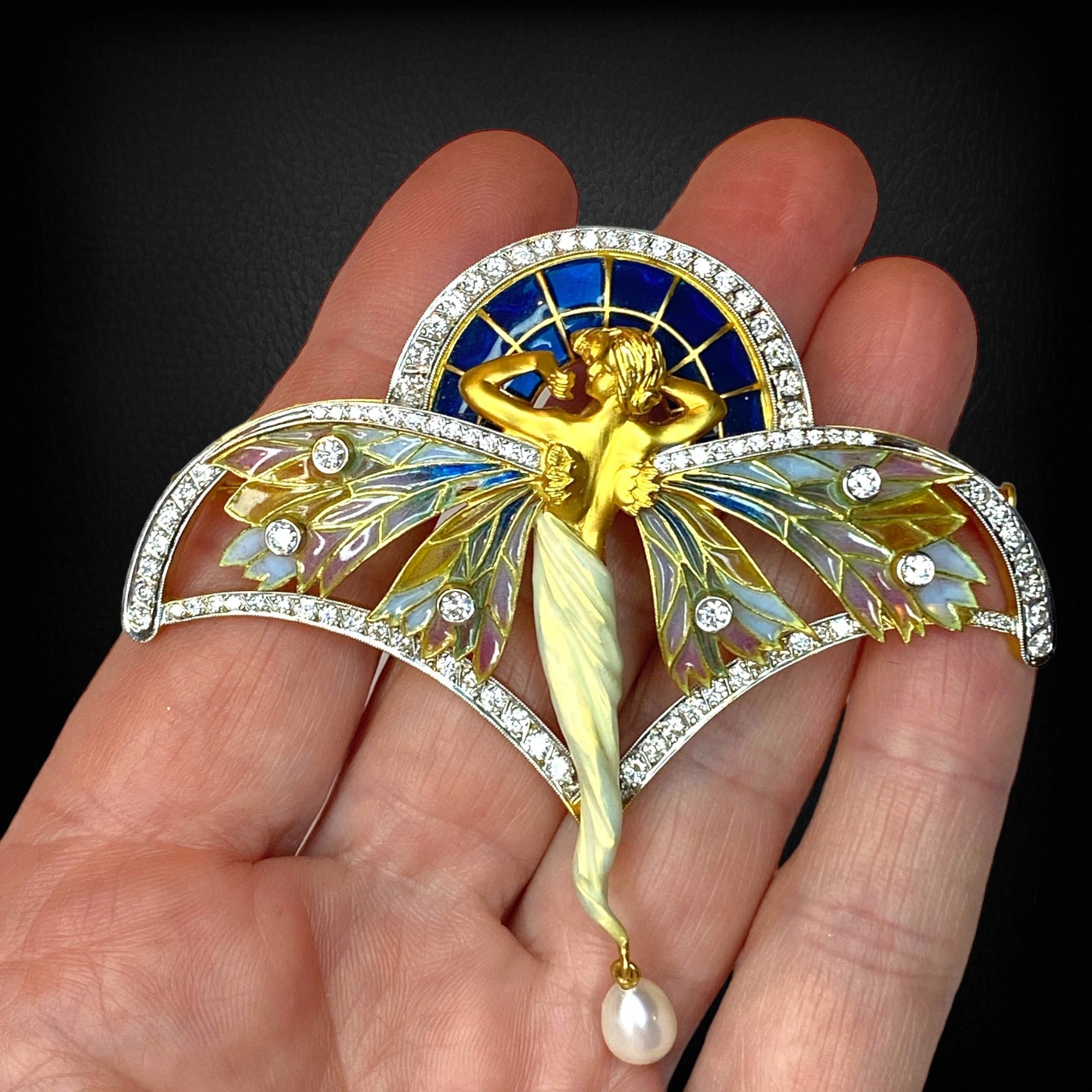 MASRIERA 18K Gold Nymph Plique-à-Jour Brooch Pendant with Diamonds