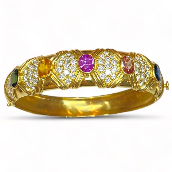 Vintage 18K Gold Multi Color Sapphire and Diamond Bangle Bracelet