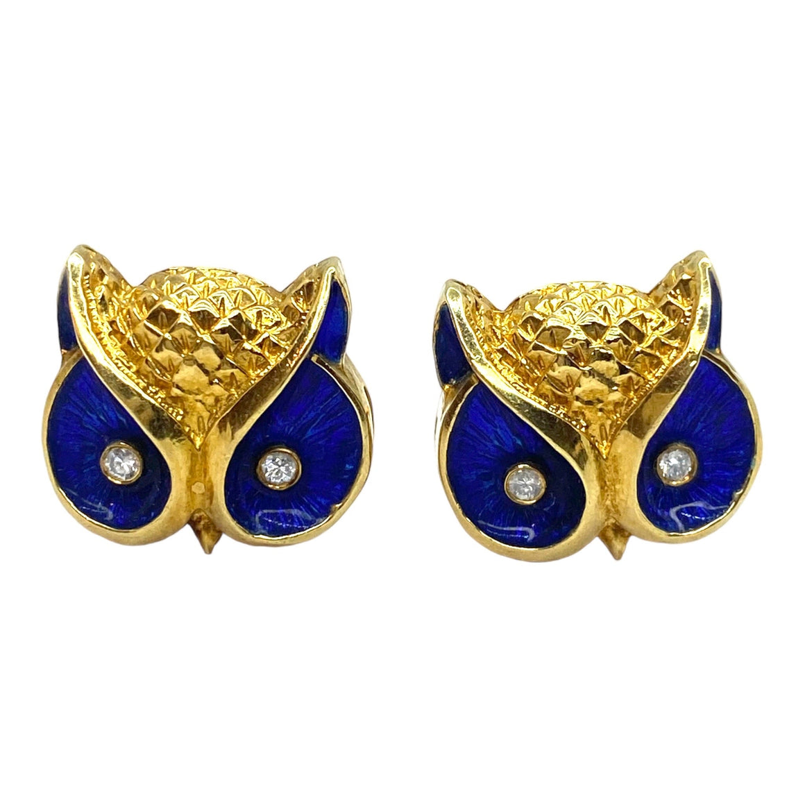 Vintage 18K Gold Diamond and Enamel Owl Figural Cuff Links