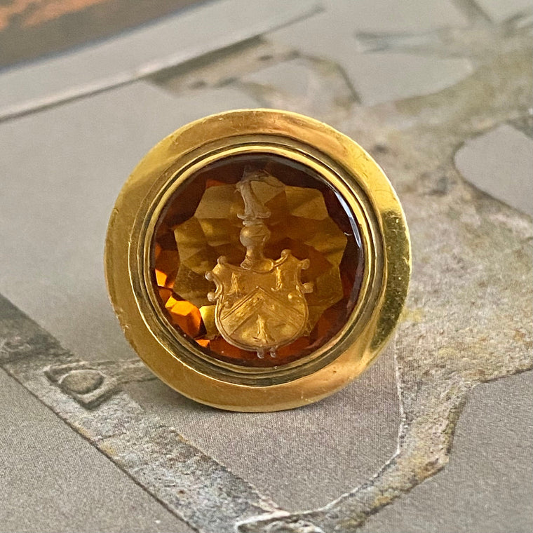 18K Gold Citrine Intaglio Large Signet Ring
