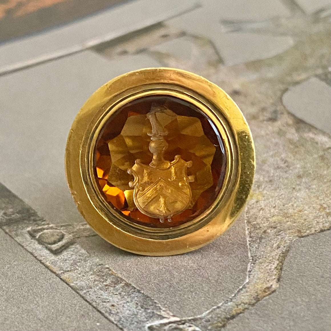18K Gold Citrine Intaglio Large Signet Ring