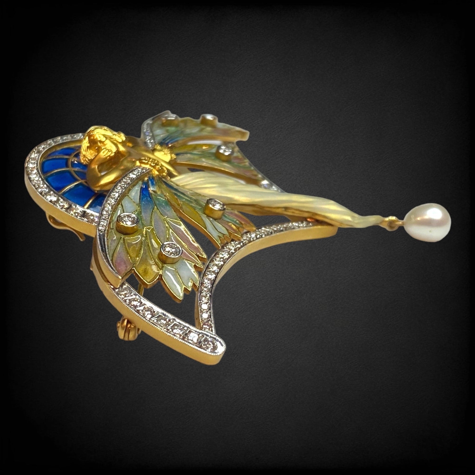 MASRIERA 18K Gold Nymph Plique-à-Jour Brooch Pendant with Diamonds