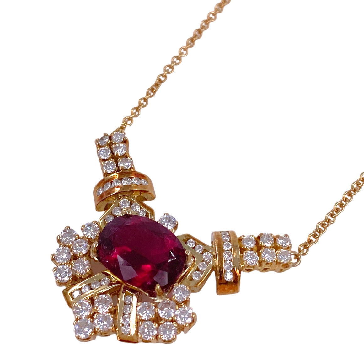 Vintage 18K Gold Rubellite Tourmaline & Diamond Necklace