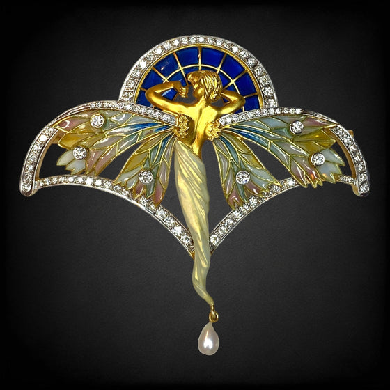 MASRIERA 18K Gold Nymph Plique-à-Jour Brooch/Pendant with Diamonds