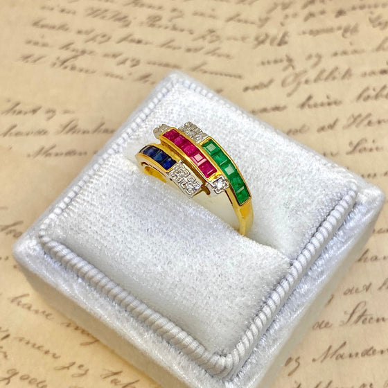 Vintage 18K Gold Ruby Sapphire Emerald and Diamond Ring