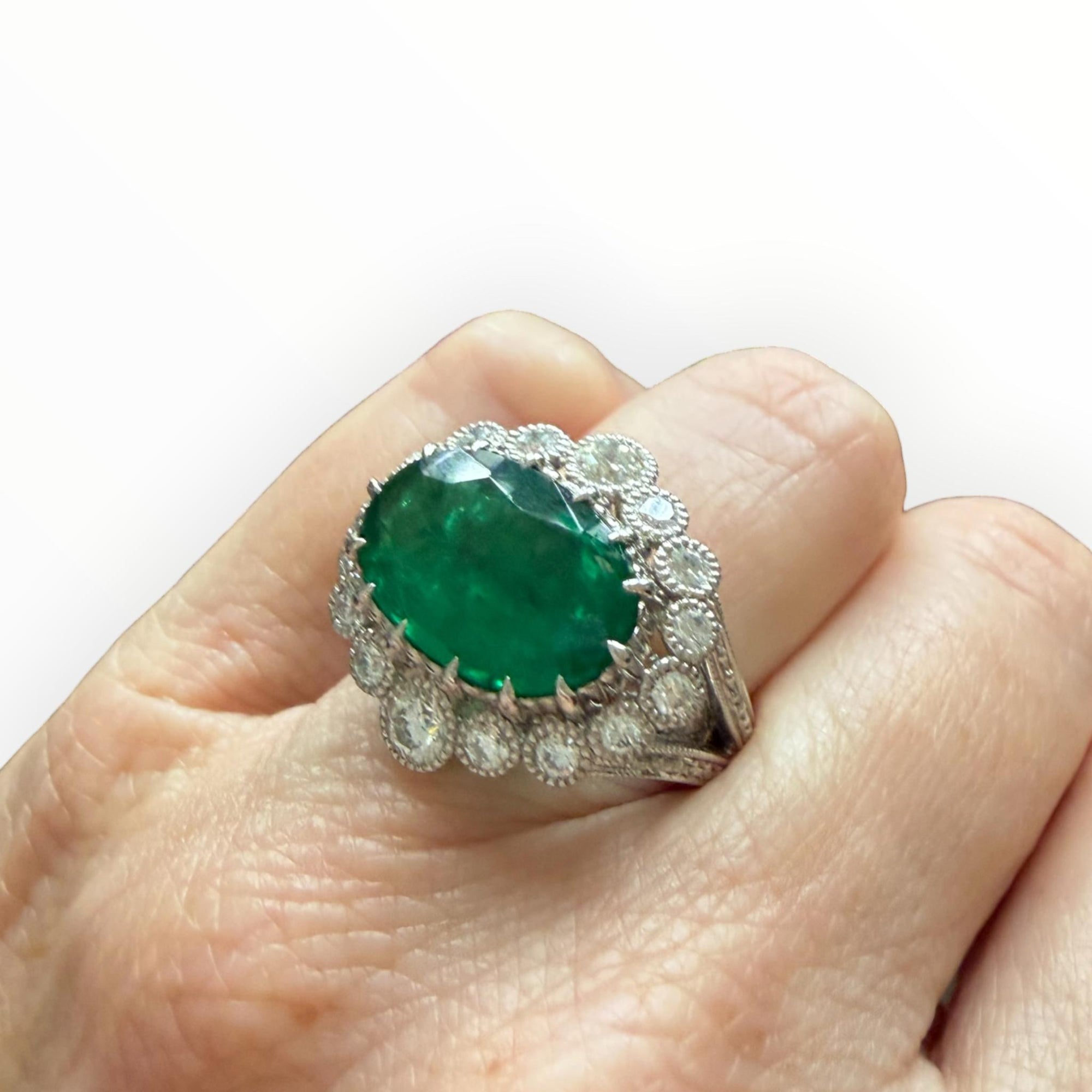 Platinum Certified 6.36 Carat Emerald and Diamond Ring