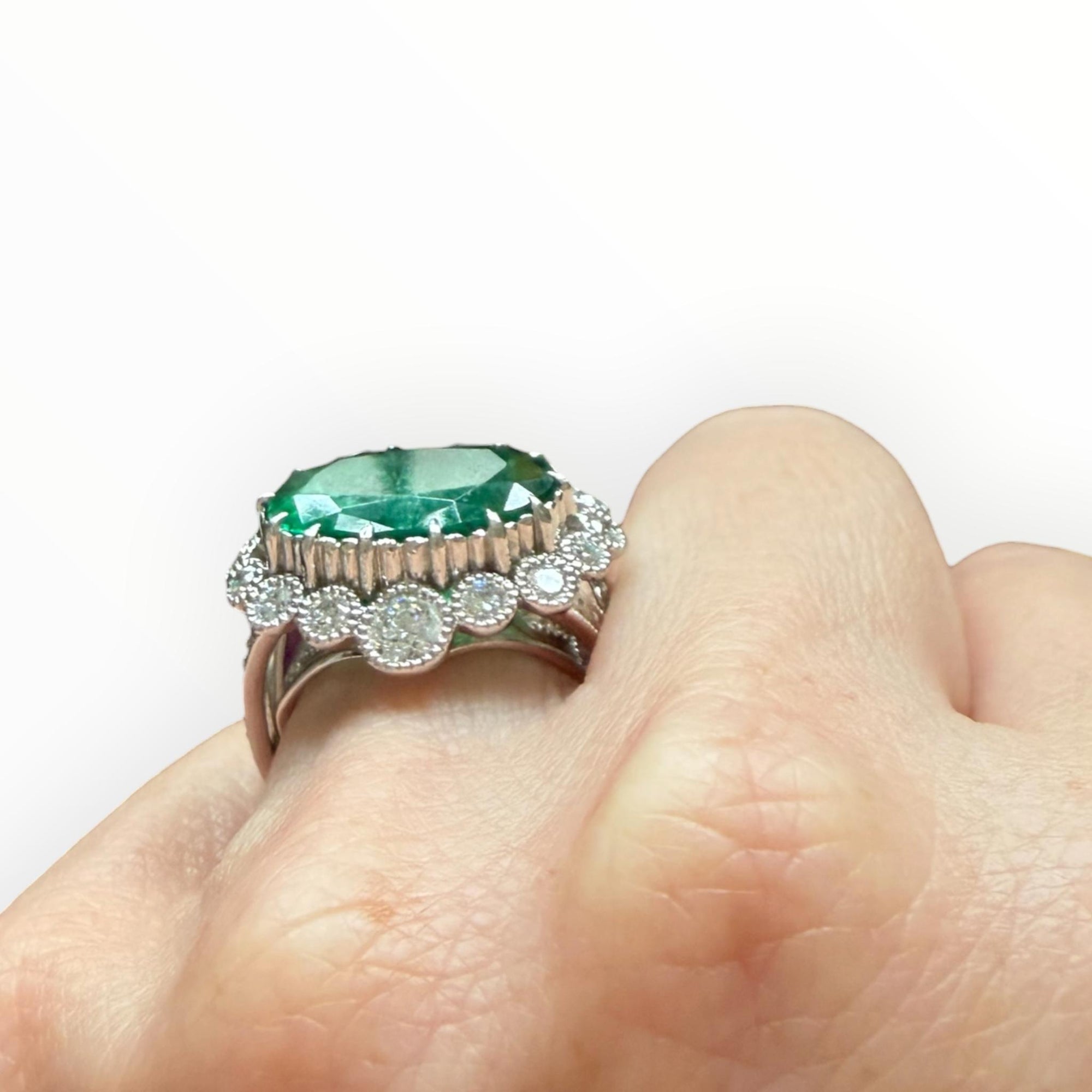 Platinum Certified 6.36 Carat Emerald and Diamond Ring