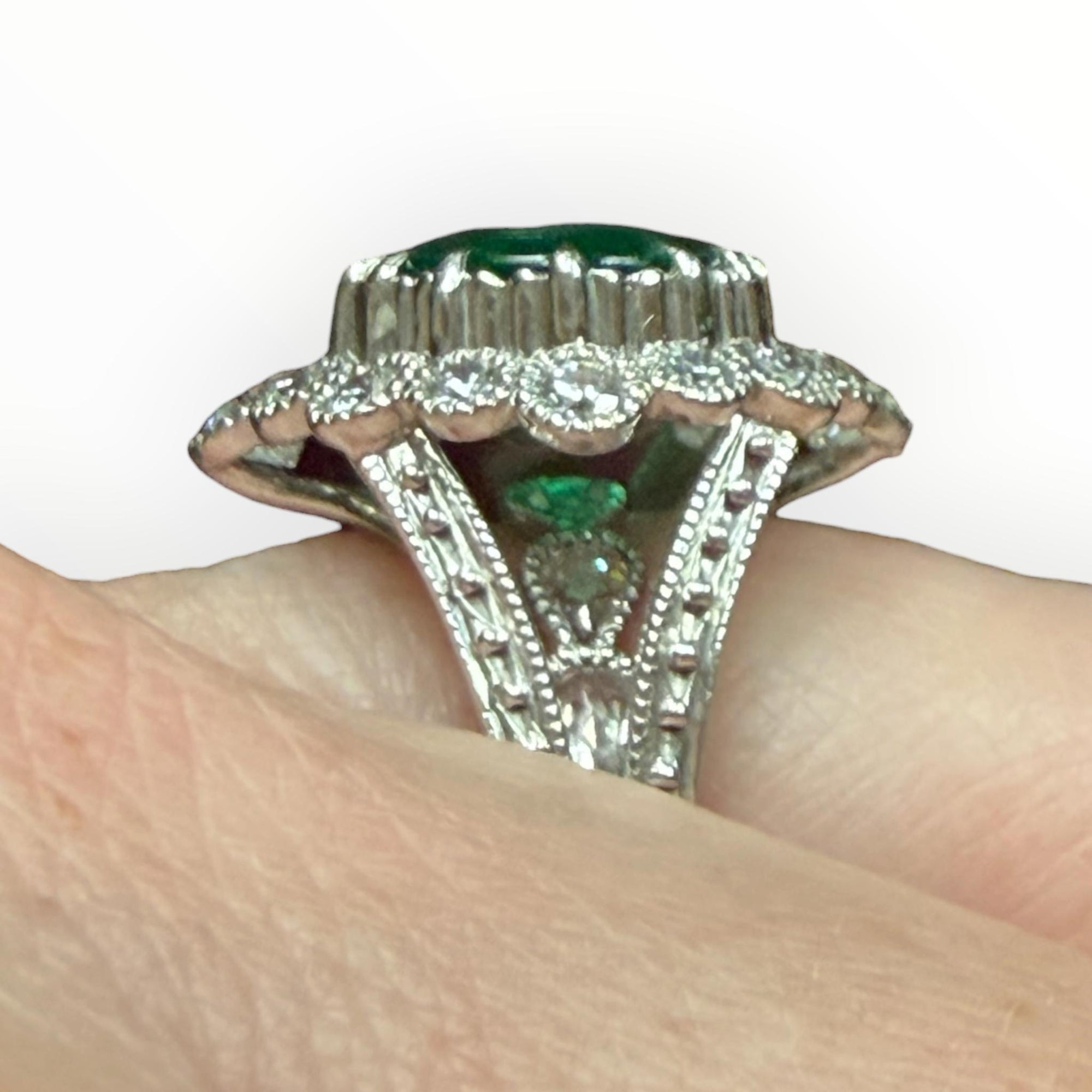 Platinum Certified 6.36 Carat Emerald and Diamond Ring