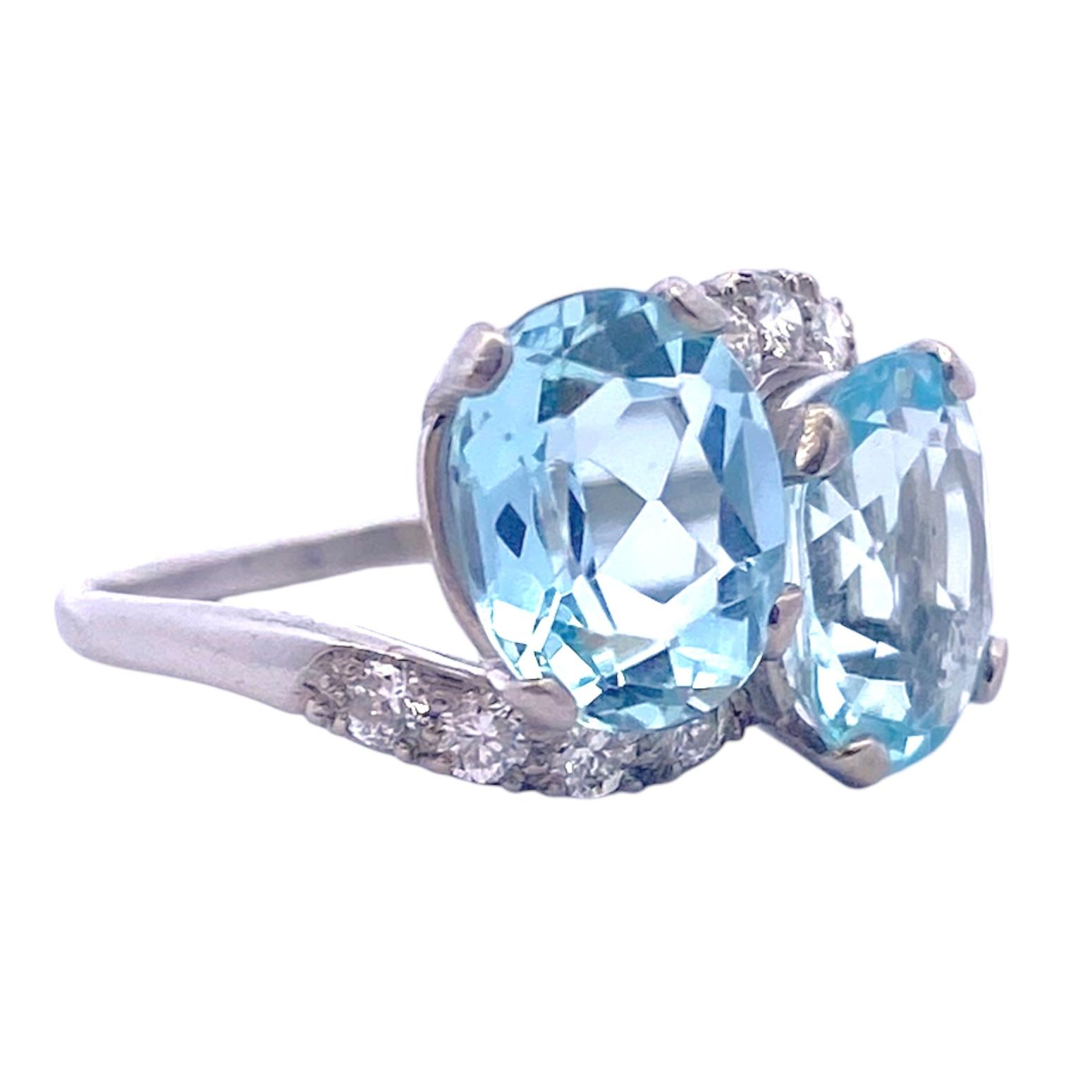 Vintage Platinum Aquamarine & Diamond Moi et Toi Ring